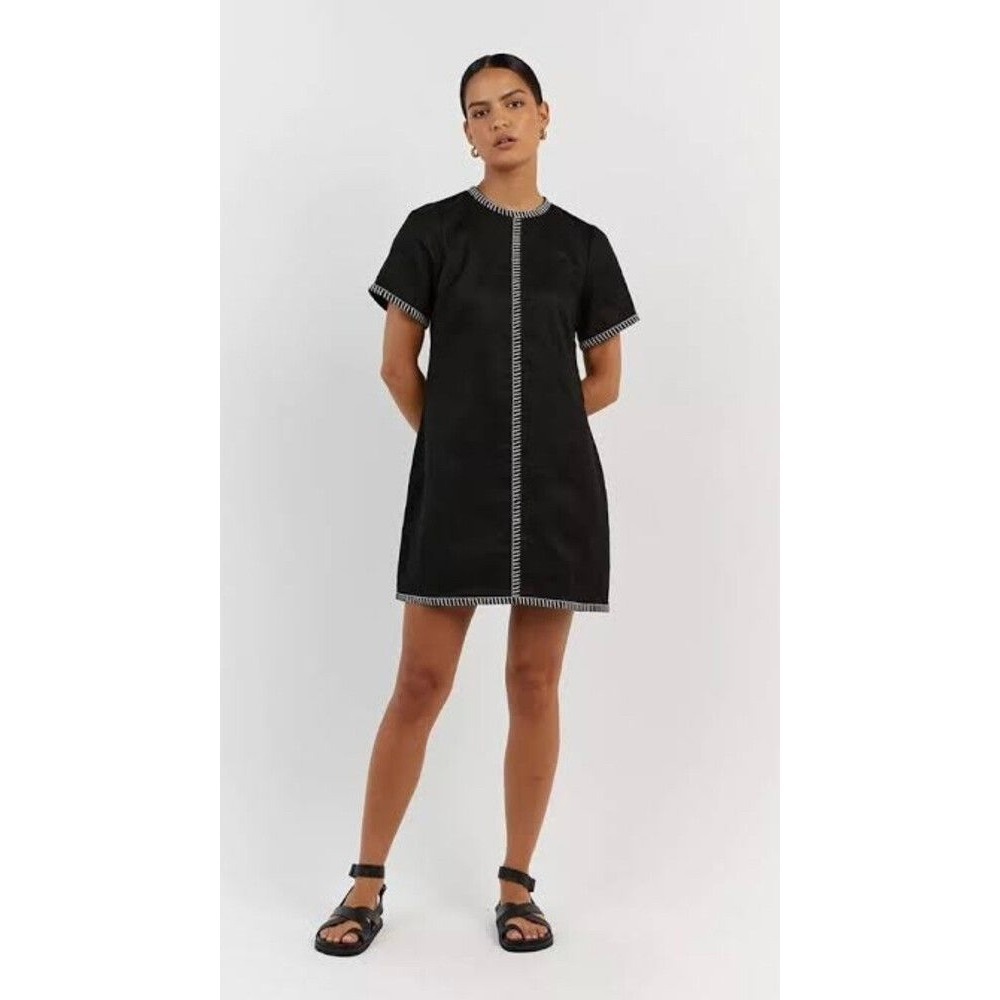 DISSH Black Linen Blanket Stitch Mini Shift Dress US 2 Short Sleeve Lined